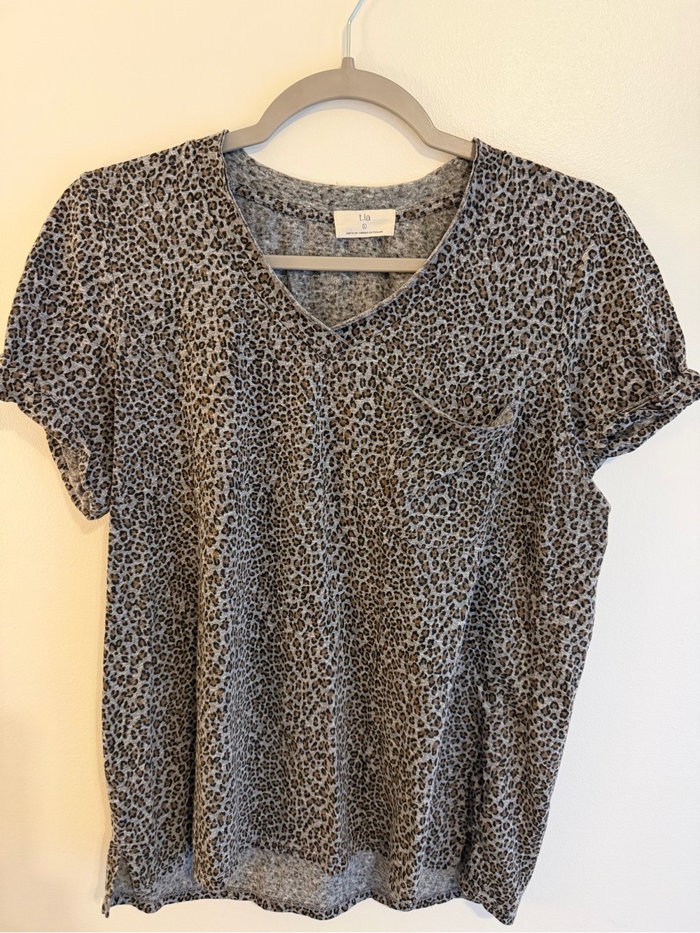 T.La Gray and Black Leopard V-Neck Pocket Tee